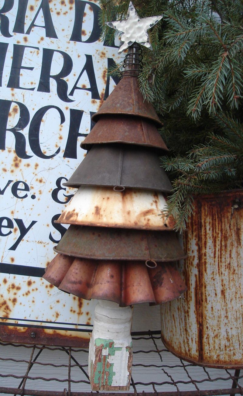 Upcycled Christmas Tree made from metal funnels